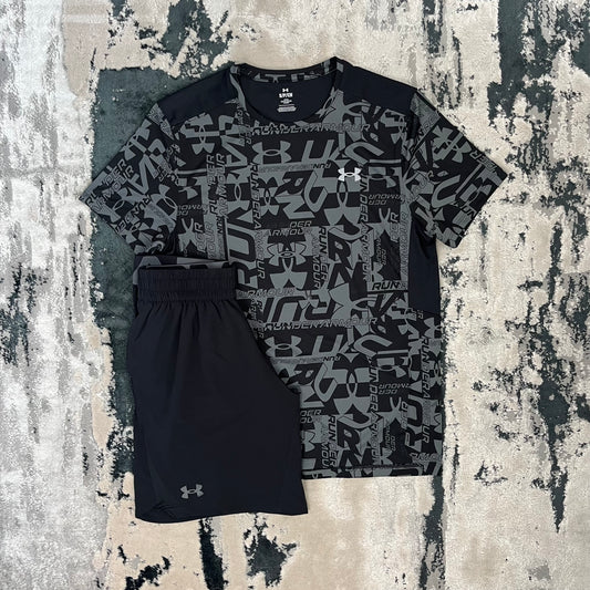 UNDER ARMOUR PRINTED T SHIRT & SHORT SET - BLACK