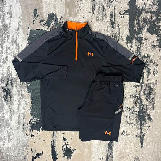 UNDER ARMOUR TECH 1/4 ZIP SHORT SET - BLACK / ORANGE